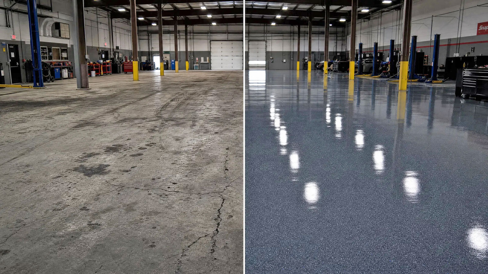 Commercial floor coating before and after — auto shop in Palm City, FL